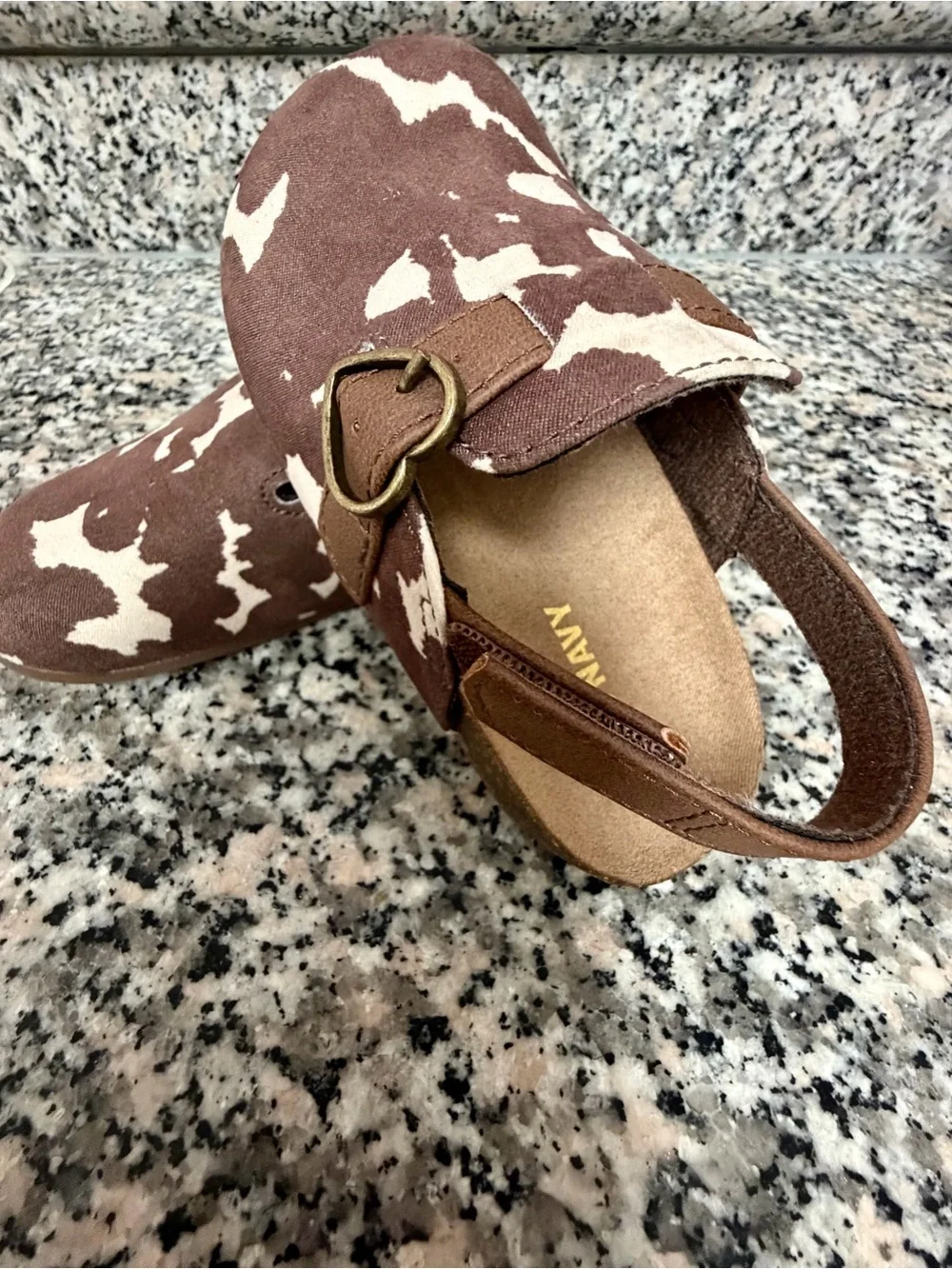 Old Navy Brown and Cream Cow Print Kids Slingback Moccasins